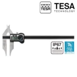 Pied à coulisse numérique TESA TWIN-CAL IP67 à faces de mesure d'intérieure arrondies, becs d'intérieur à pointe et envoi de données.